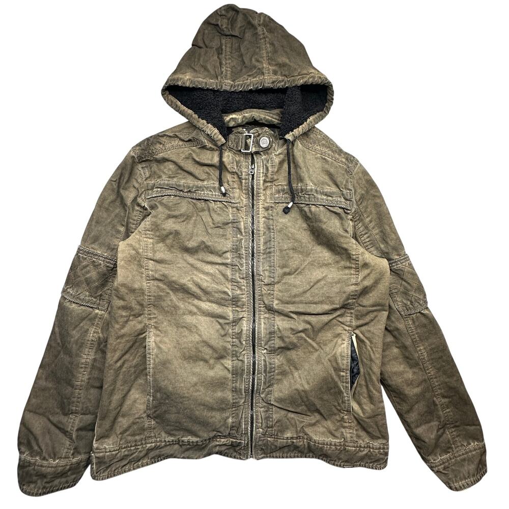 BKE Buckle Black Canvas Brown Sherpa Lined Hooded Jacket Mens XL Athletic Fit